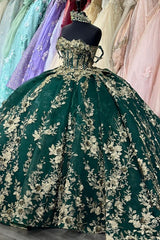 Dark Green Off-Shoulder Ball Gown Sequined Pleated Tulle Quinceanera & Evening Party Dress