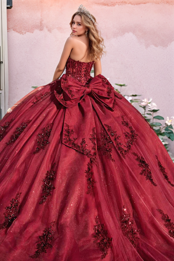 Burgundy Ball Gown Off-Shoulder Long Sleeves with Floral Beading & Bow Detail for Quinceanera Sweet 16 & Formal Events