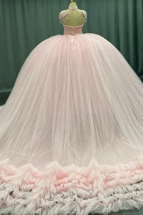 Sweetheart Neckline Ball Gown with Beaded Appliques Baby Pink Tulle Quinceanera & Sweet 16 Formal Evening Dress