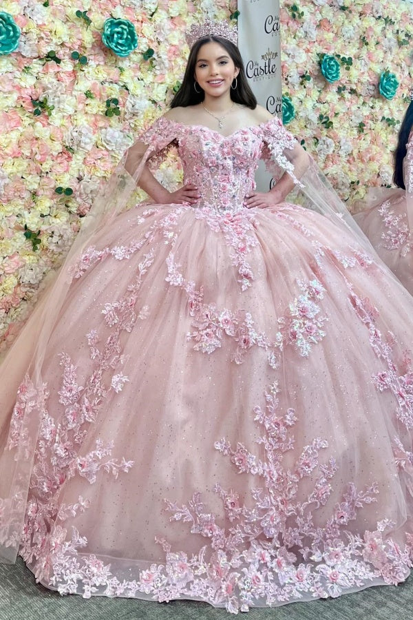 Pink Tulle Quinceanera Dress Off-Shoulder Ball Gown with 3D Flower Appliques Beaded Crystal Ruffles & Sleeveless Design for Sweet 16 Formal Evenings & Birthday Parties