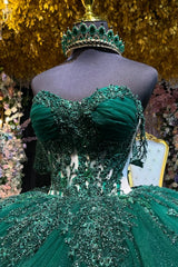 Dark Green Beaded Quinceanera Ball Gown Off-Shoulder Pleated Tulle Evening Dress for Sweet 16 & Formal Events