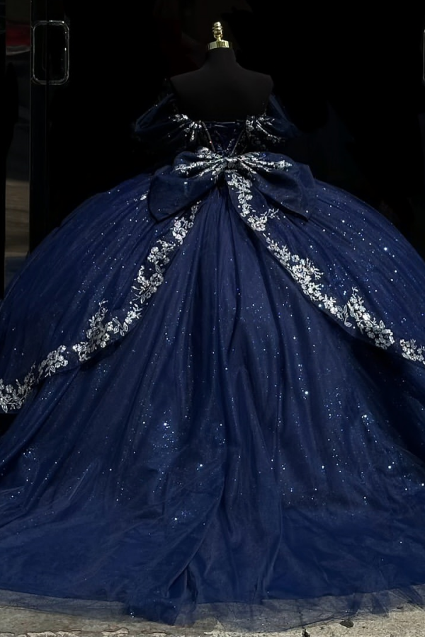 Dark Navy Tulle Quinceanera Dress Off-Shoulder Beaded Ball Gown with Sparkly Silver Appliques for Sweet 16 & Birthday Parties
