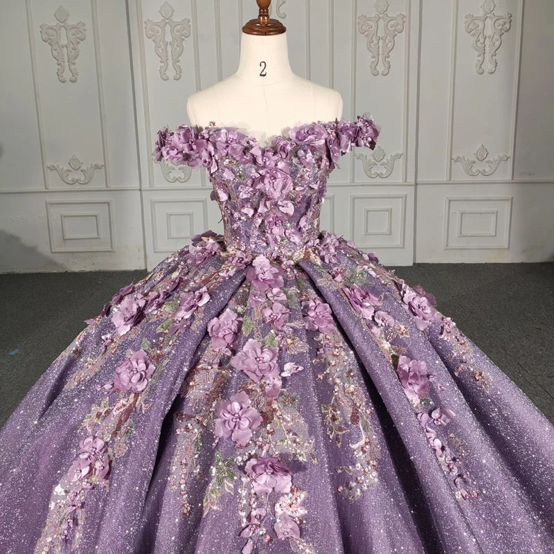 Off-Shoulder Ball Gown Floral Lace Appliques & Beaded Purple Tulle Quinceanera Dress for Sweet 16 & Princess Birthday Parties