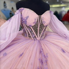Exquisite Pink Tulle Quinceanera Dress Off-Shoulder Ball Gown with 3D Butterfly Appliques & Beaded Detailing for Sweet 16