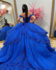 Royal Blue Off-Shoulder Ball Gown Tiered Glitter Tulle Lace Appliques & Beaded Details for Quinceanera Sweet 16 & Evening Galas