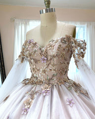 Exquisite Off-Shoulder Ball Gown with Floral Appliques Long-Sleeve Tulle Quinceanera Dress for Sweet 16