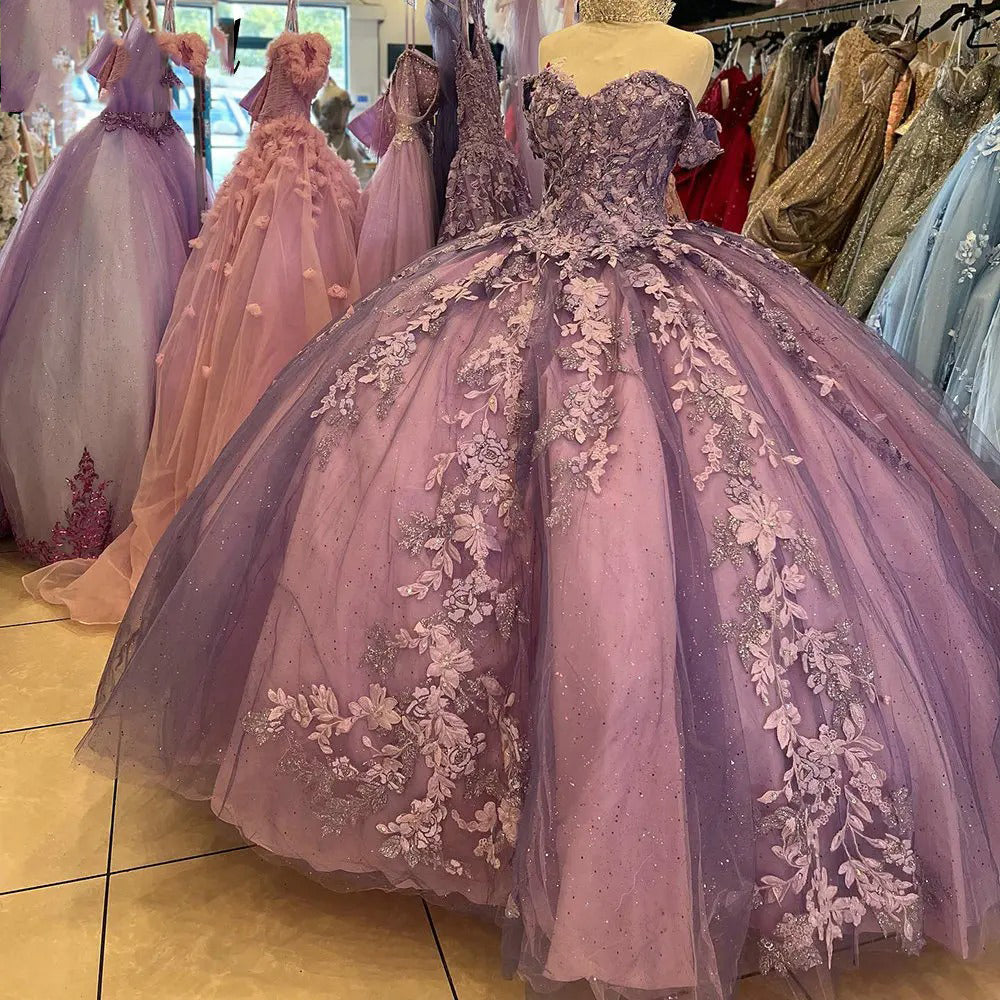 Off-Shoulder Ball Gown with 3D Floral Lace Appliques Glitter & Luxury Quinceanera Dress for Sweet 16 & Birthday Parties