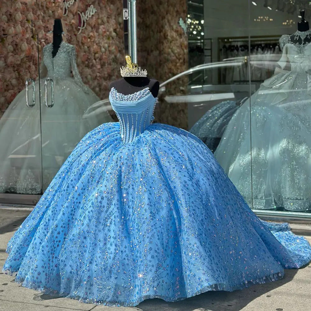 Sky Blue Beaded Ball Gown Strapless Sequined Tulle Quinceanera Dress for Sweet 16 & Princess Birthday Parties