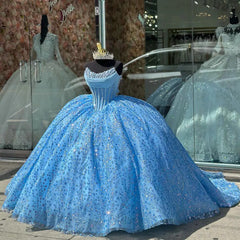 Sky Blue Beaded Ball Gown Strapless Sequined Tulle Quinceanera Dress for Sweet 16 & Princess Birthday Parties