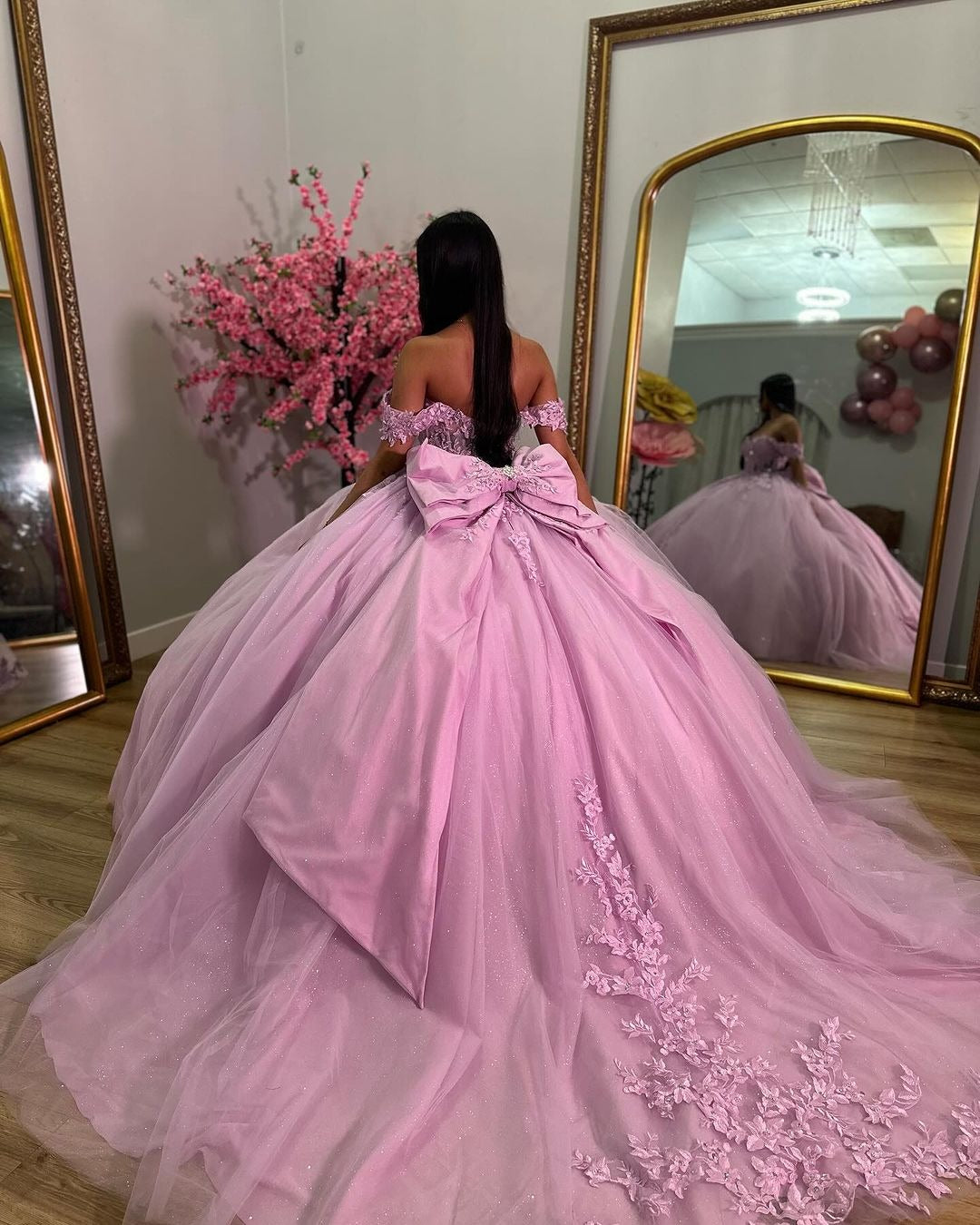 Pink Tulle Ball Gown Off-Shoulder Sweetheart Neckline with Lace Appliques & Bow Detail for Quinceanera Sweet 16 and Evening Parties