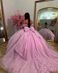 Pink Tulle Ball Gown Off-Shoulder Sweetheart Neckline with Lace Appliques & Bow Detail for Quinceanera Sweet 16 and Evening Parties