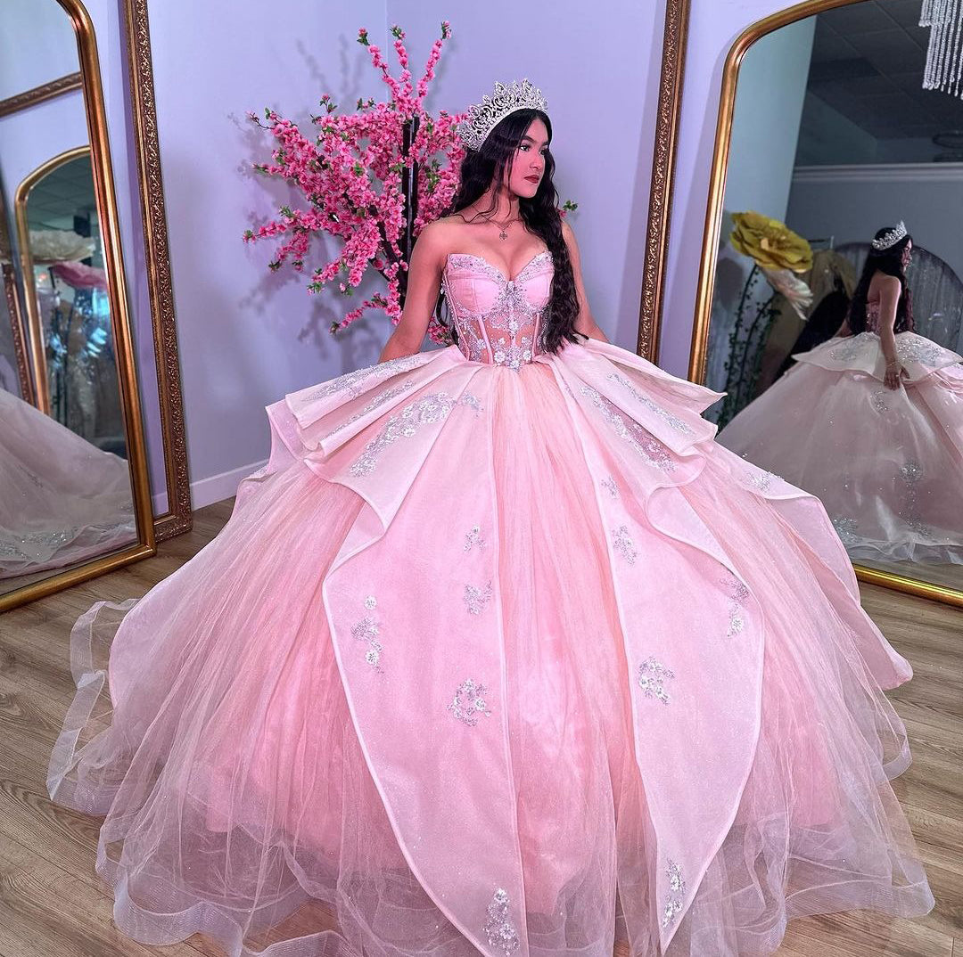 Ball Gown with Sweetheart Neckline Lace Flower Appliques Tiered Ruffles and Pink Tulle for Quinceanera Sweet 16 & Formal Evenings