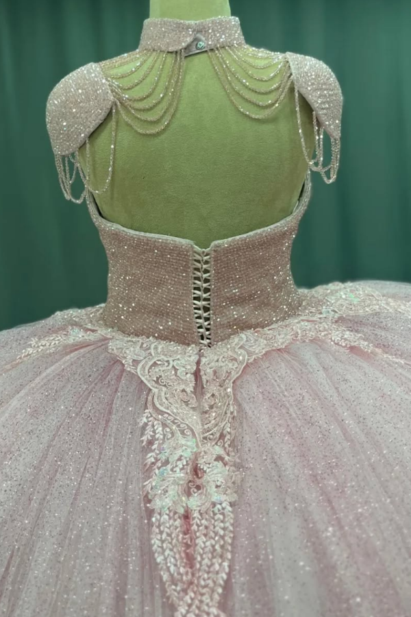 Sweetheart Neckline Ball Gown with Beaded Appliques Baby Pink Tulle Quinceanera & Sweet 16 Formal Evening Dress