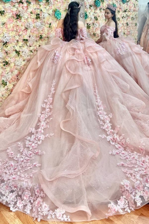Pink Tulle Quinceanera Dress Off-Shoulder Ball Gown with 3D Flower Appliques Beaded Crystal Ruffles & Sleeveless Design for Sweet 16 Formal Evenings & Birthday Parties