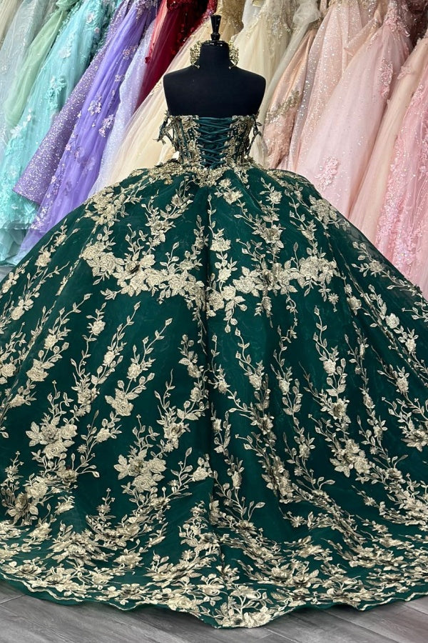 Dark Green Off-Shoulder Ball Gown Sequined Pleated Tulle Quinceanera & Evening Party Dress