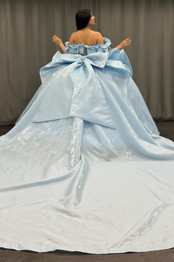 Exquisite Baby Blue Satin Quinceanera Dress Off-Shoulder Beaded Ball Gown with Sequins & Bow Detail for Sweet 16 & Birthday Parties