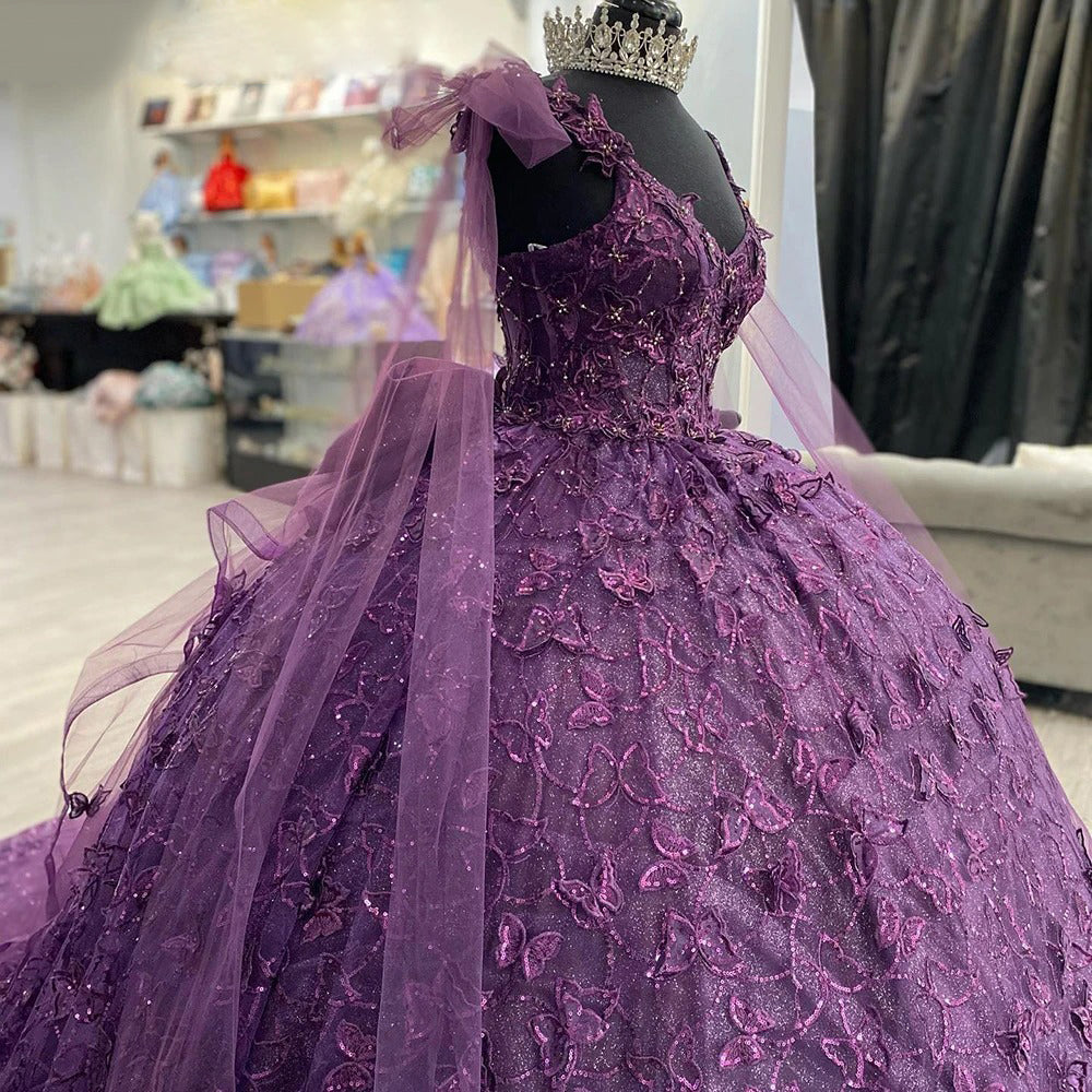 Purple Tulle Quinceanera Dress Strapless Ball Gown with 3D Butterfly Appliques & Bow Knot for Sweet 16 & Princess Parties