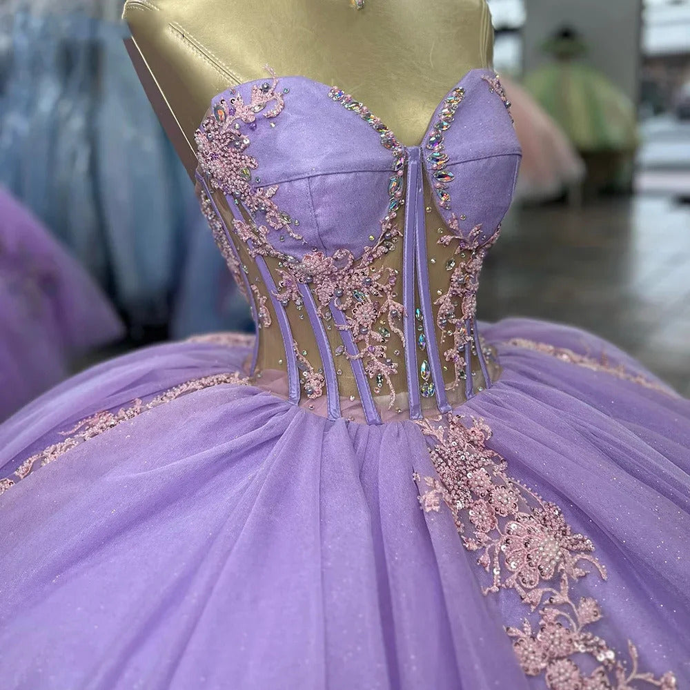 Lilac Tulle Quinceanera Dress Strapless Ball Gown with Lace Appliques & Sweep Train for Sweet 16