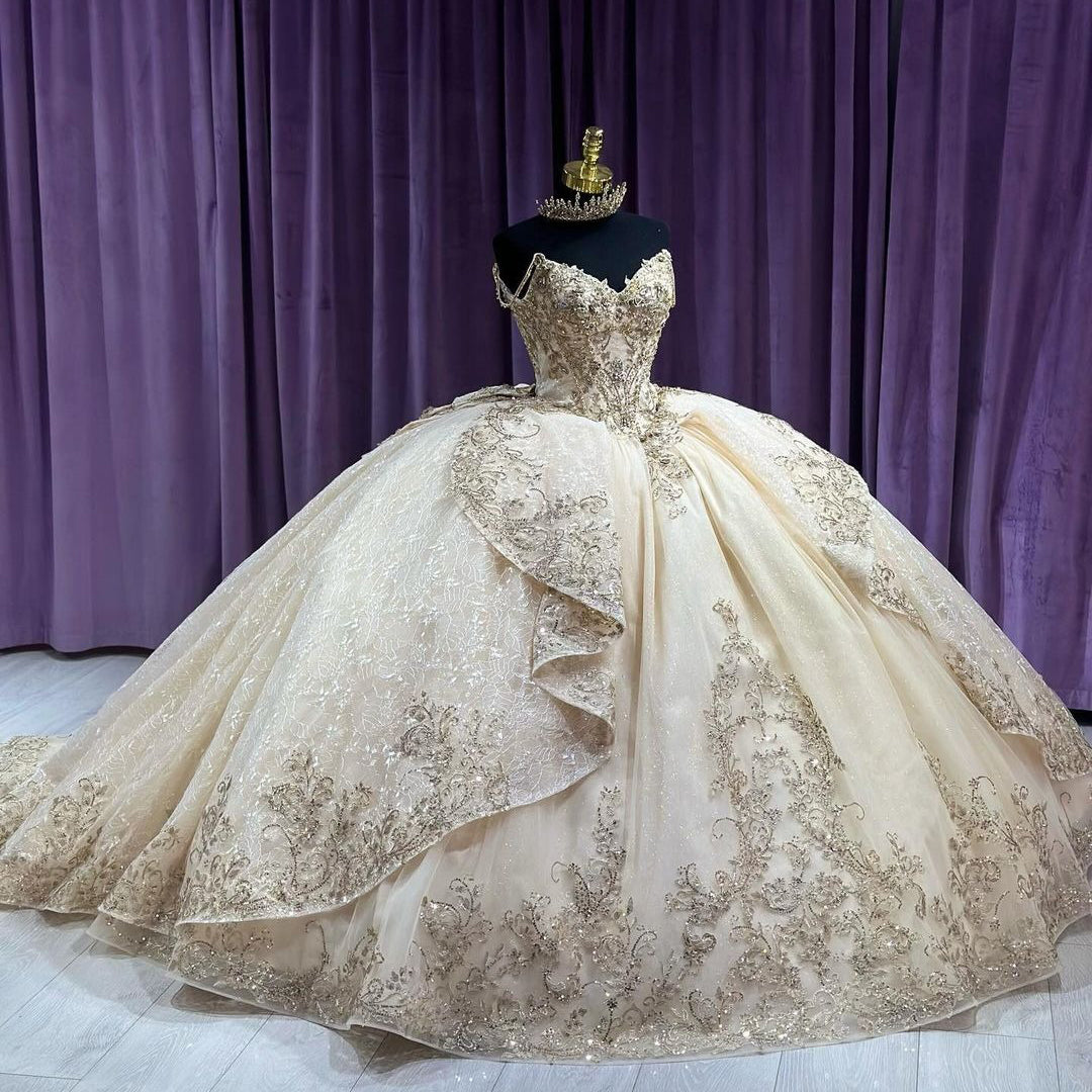 Champagne Tulle Quinceanera Dress Sweetheart Ball Gown with Lace Appliques & Beaded Ruffles