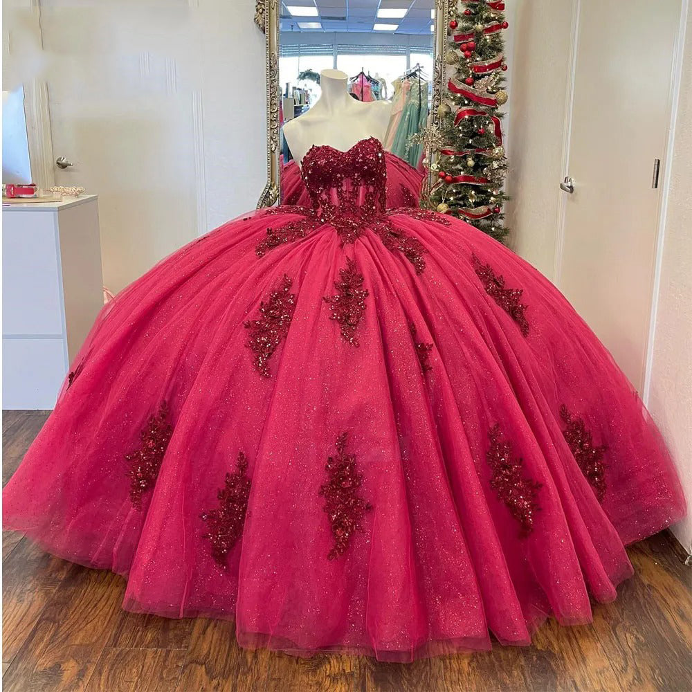 Ball Gown with Sweetheart Neckline Lace Appliques & Beaded Hot Pink Tulle Quinceanera Dress for Princess Parties & Sweet 16 Celebrations