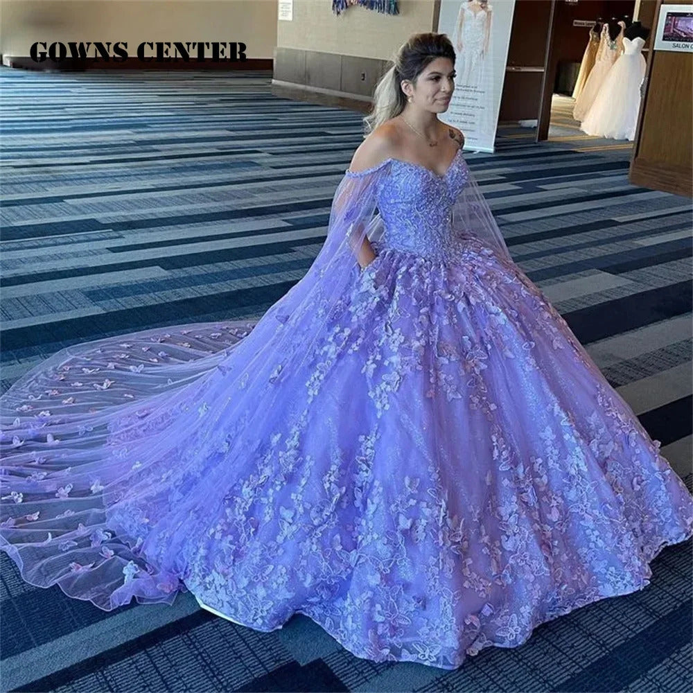 Lavender Ball Gown with Sweetheart Neckline Long Sleeves & 3D Butterfly Lace Appliques Beaded Tulle Quinceanera Dress for Sweet 16