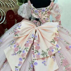 Pink Tulle Quinceanera Dress V-Neck Ball Gown with Floral Lace Beaded Ruffles & Bow Detail for Sweet 16