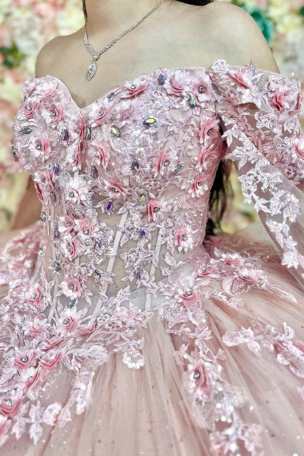 Pink Tulle Quinceanera Dress Off-Shoulder Ball Gown with 3D Flower Appliques Beaded Crystal Ruffles & Sleeveless Design for Sweet 16 Formal Evenings & Birthday Parties