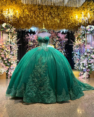 Dark Green Beaded Quinceanera Ball Gown Off-Shoulder Pleated Tulle Evening Dress for Sweet 16 & Formal Events