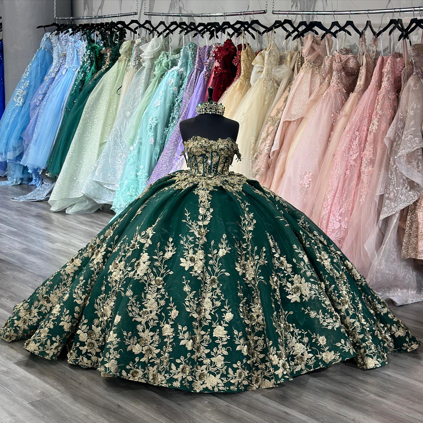Dark Green Off-Shoulder Ball Gown Sequined Pleated Tulle Quinceanera & Evening Party Dress