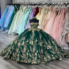 Dark Green Off-Shoulder Ball Gown Sequined Pleated Tulle Quinceanera & Evening Party Dress