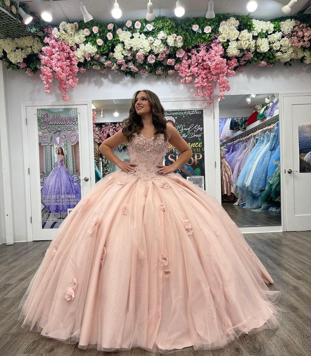 Ball Gown with Sweetheart Neckline Floral Lace Appliques & Beaded Details Pink Tulle Quinceanera Dress for Sweet 16 & Birthday Parties