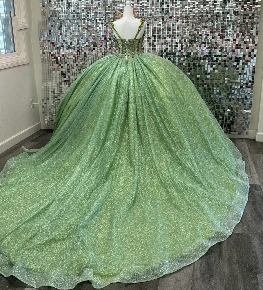 Sage Green Beaded Ball Gown Sweetheart Neckline Sparkling Tulle Quinceanera Dress for Sweet 16 & Formal Evenings
