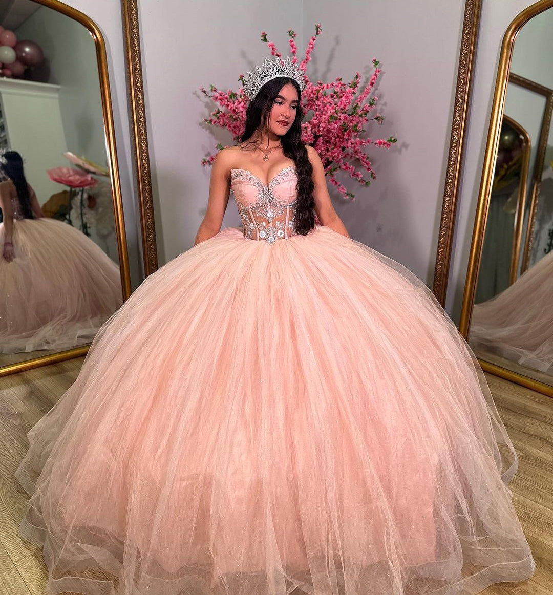 Exquisite Strapless Ball Gown Lace Appliques & Beaded Pink Tulle Princess Dress for Quinceanera Sweet 16 & Formal Evenings