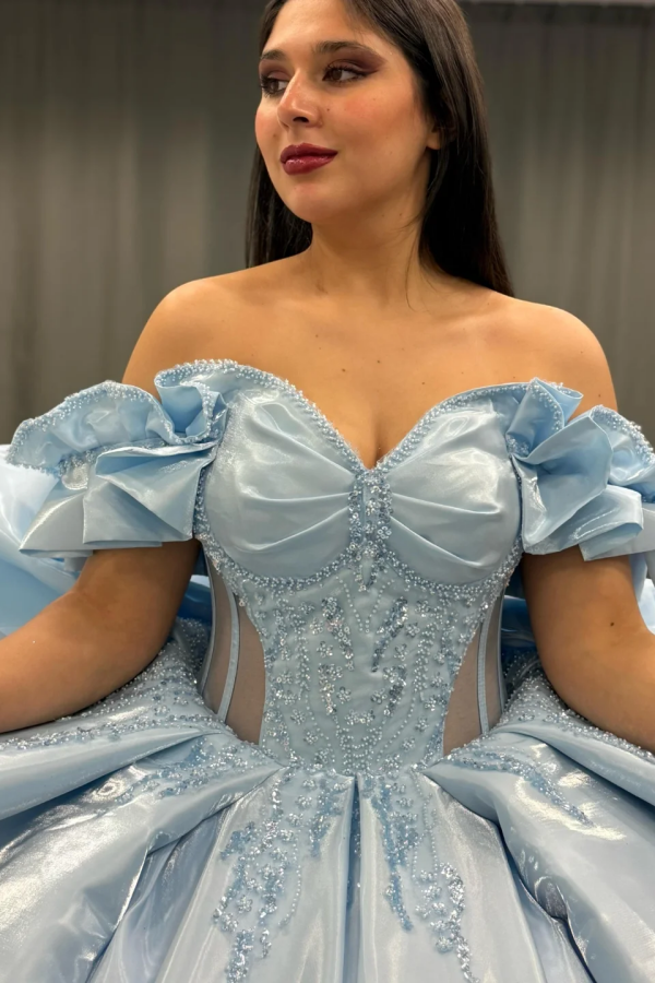 Exquisite Baby Blue Satin Quinceanera Dress Off-Shoulder Beaded Ball Gown with Sequins & Bow Detail for Sweet 16 & Birthday Parties
