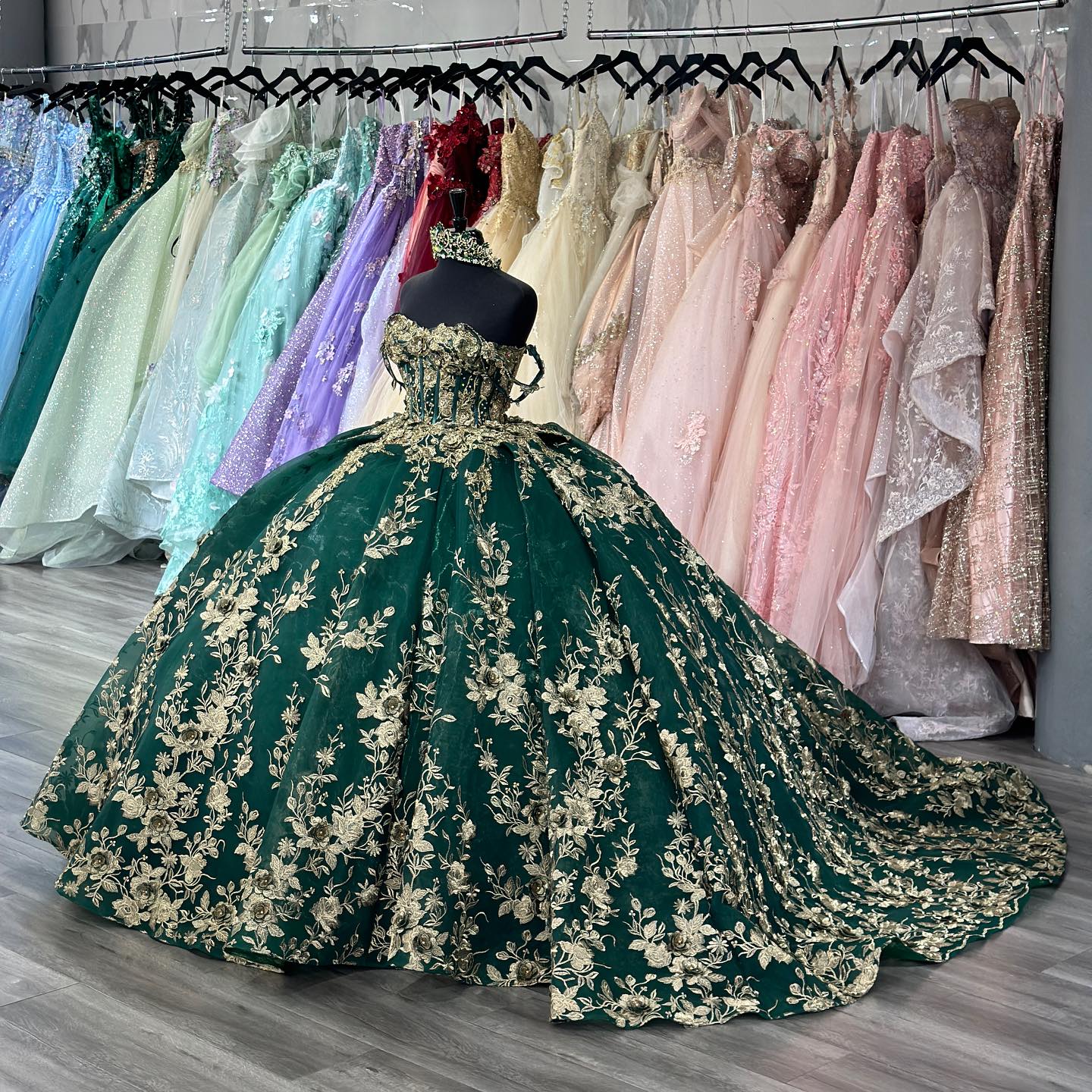 Dark Green Off-Shoulder Ball Gown Sequined Pleated Tulle Quinceanera & Evening Party Dress