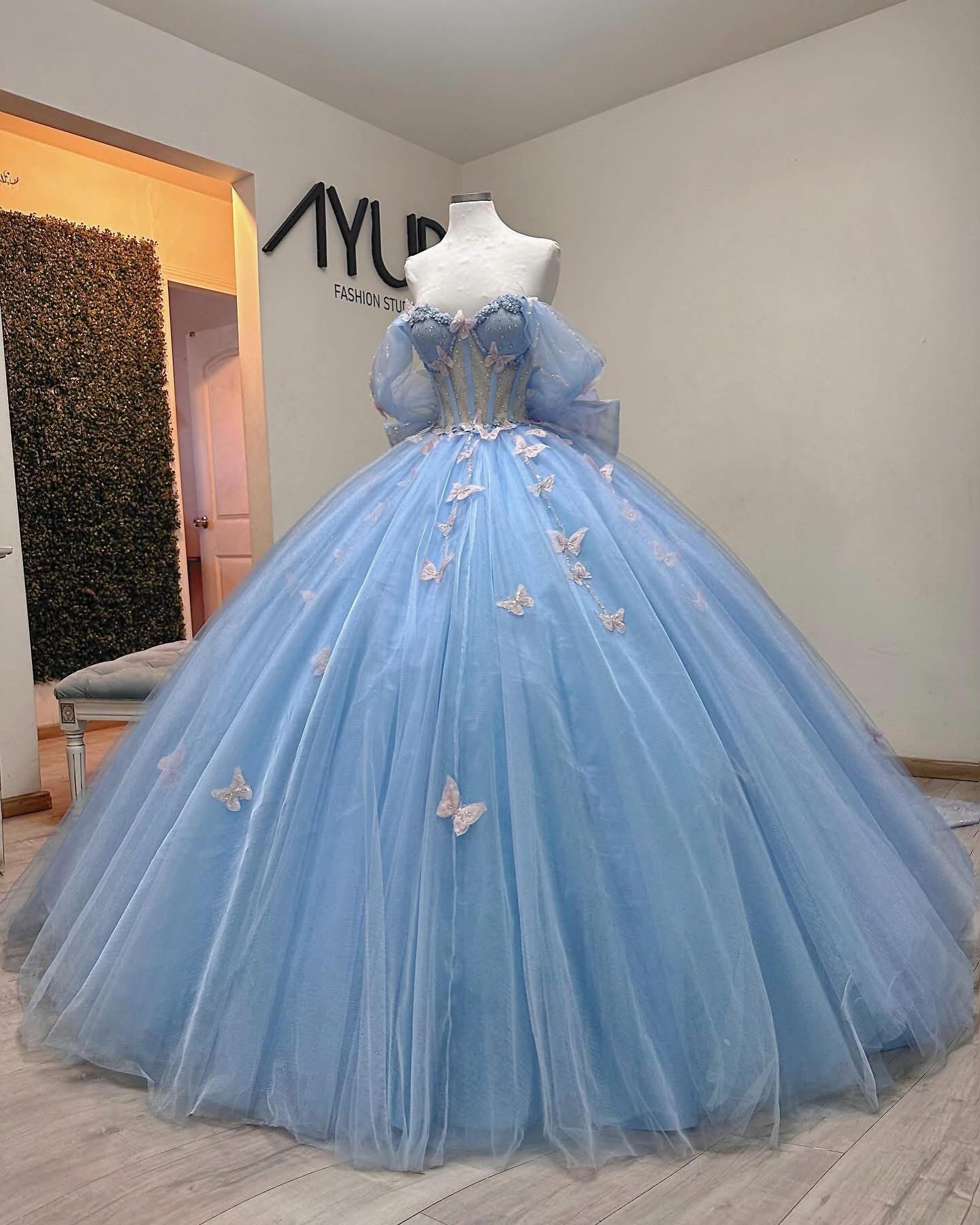 Baby Blue Ball Gown Off-Shoulder Sleeveless Tulle Quinceanera Dress with Beaded Sequins & 3D Butterfly Appliques
