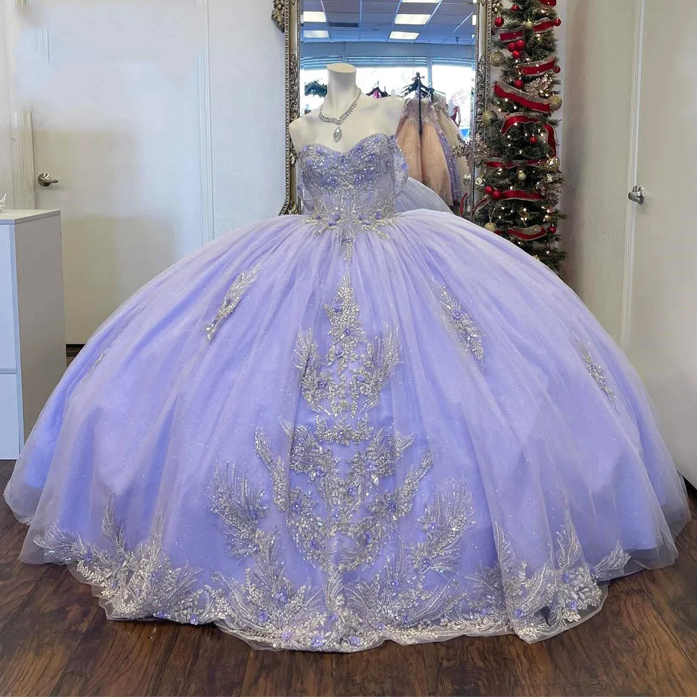 Lavender Off-Shoulder Ball Gown with Lace Appliques & Beaded Sparkle Quinceanera or Sweet 16 Evening Dress