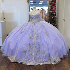 Lavender Off-Shoulder Ball Gown with Lace Appliques & Beaded Sparkle Quinceanera or Sweet 16 Evening Dress