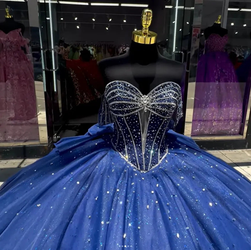 Dark Navy Tulle Quinceanera Dress Off-Shoulder Beaded Ball Gown with Bow Knot for Sweet 16 & Princess Parties
