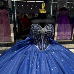 Dark Navy Tulle Quinceanera Dress Off-Shoulder Beaded Ball Gown with Bow Knot for Sweet 16 & Princess Parties