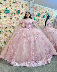 Pink Tulle Quinceanera Dress Off-Shoulder Ball Gown with 3D Flower Appliques Beaded Crystal Ruffles & Sleeveless Design for Sweet 16 Formal Evenings & Birthday Parties