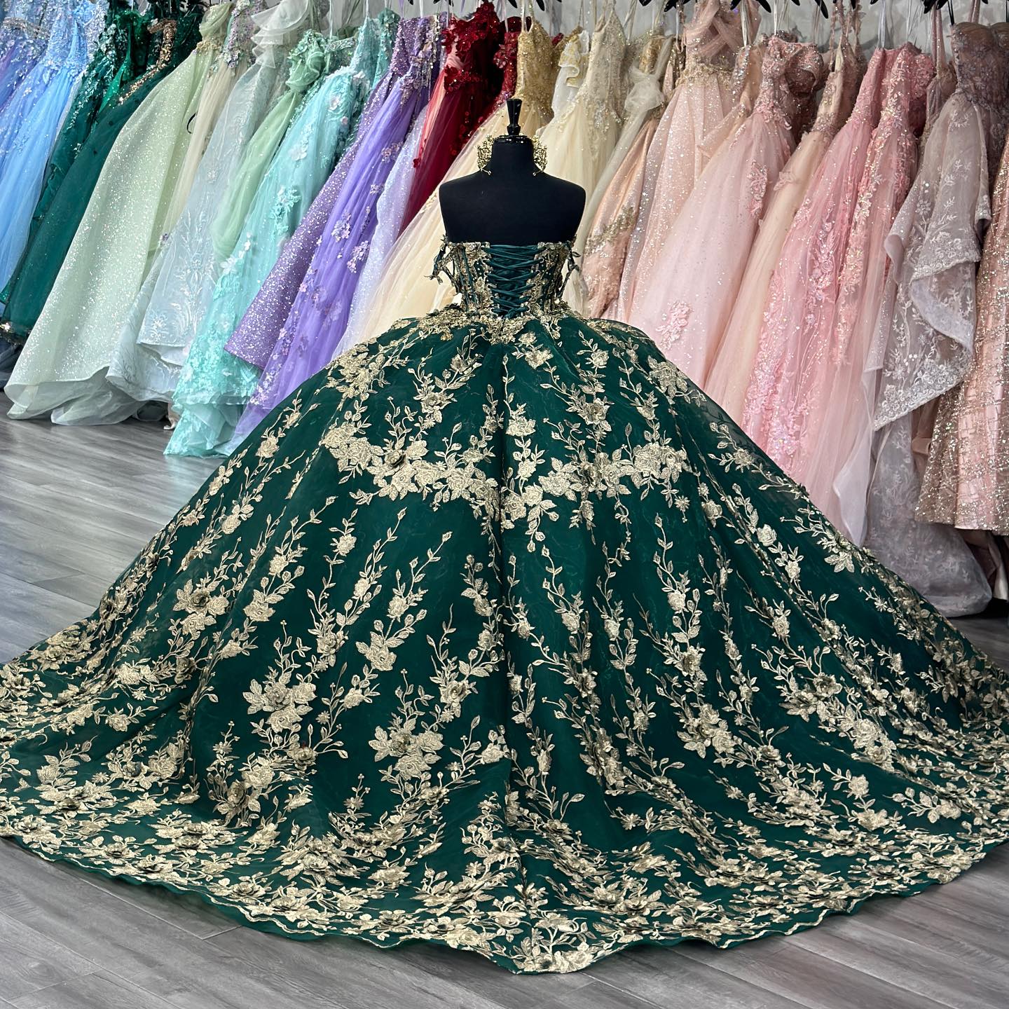 Dark Green Off-Shoulder Ball Gown Sequined Pleated Tulle Quinceanera & Evening Party Dress
