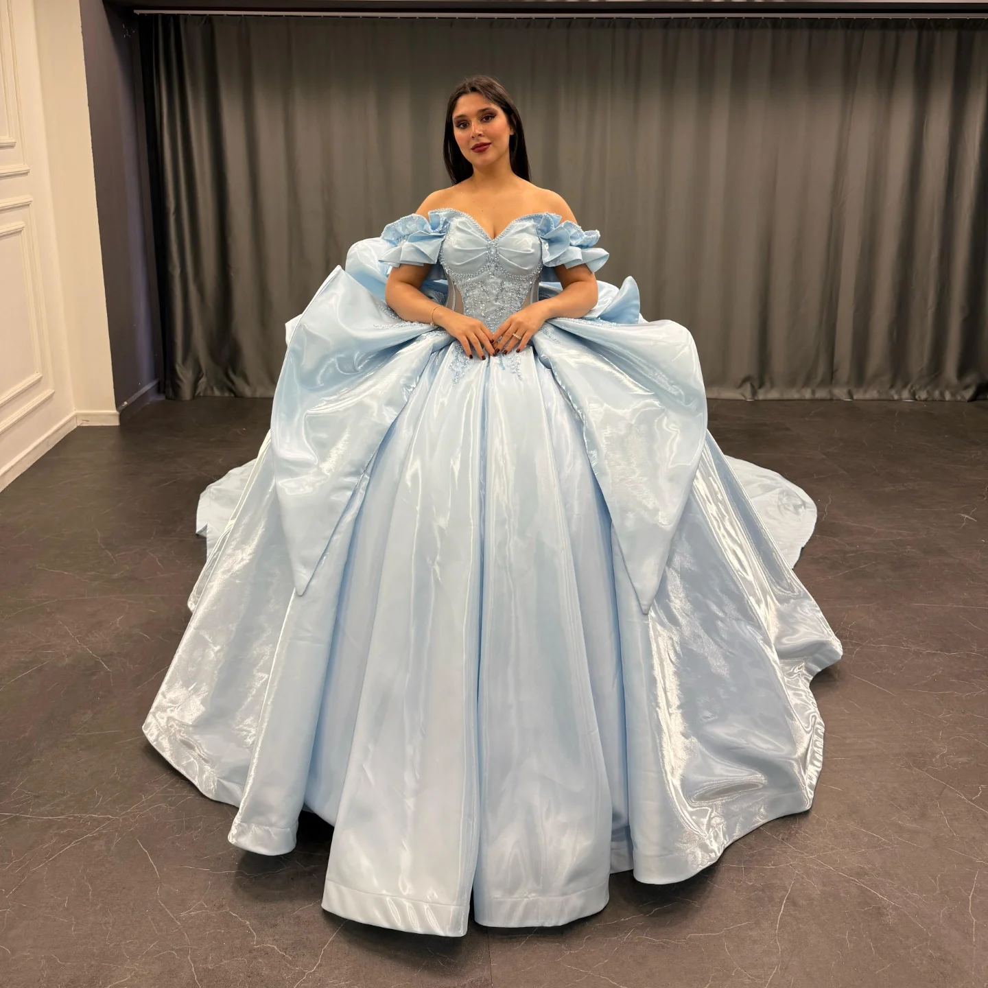 Exquisite Baby Blue Satin Quinceanera Dress Off-Shoulder Beaded Ball Gown with Sequins & Bow Detail for Sweet 16 & Birthday Parties