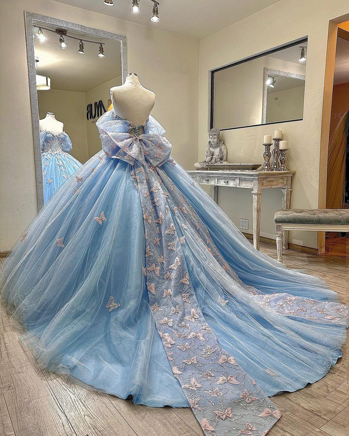Baby Blue Ball Gown Off-Shoulder Sleeveless Tulle Quinceanera Dress with Beaded Sequins & 3D Butterfly Appliques