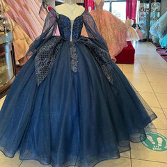 Navy Blue Tulle Quinceanera Dress Off-Shoulder Ball Gown with Lace Appliques & Tiered Ruffles for Sweet 16 & Princess Parties