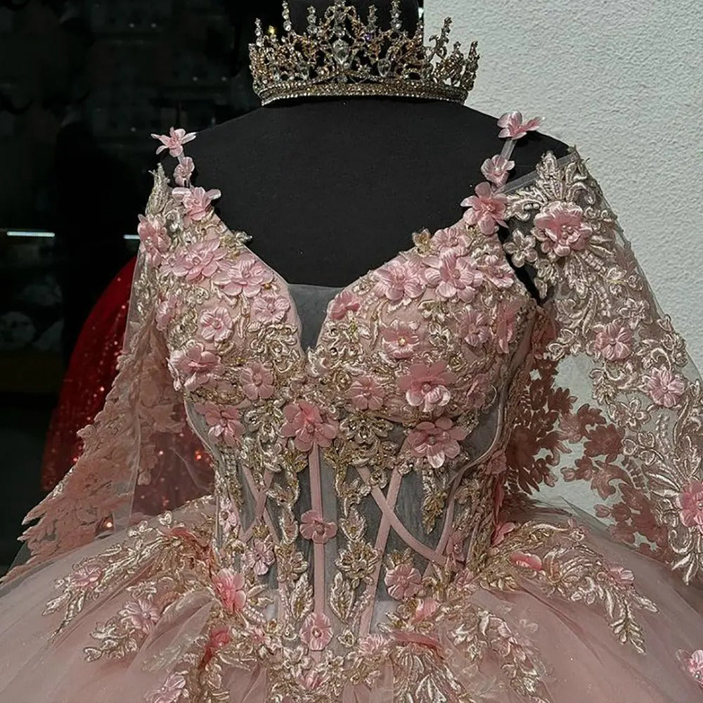 Ball Gown Off-Shoulder Long Sleeve 3D Floral Lace Applique Beaded Pink Tulle Quinceanera Dress Princess Evening Gown for Sweet 16 & Special Occasions