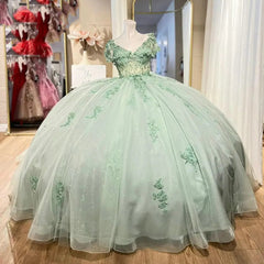Mint Green Ball Gown V-Neck Lace Applique Beaded Bow Quinceanera & Sweet 16 Party Dress