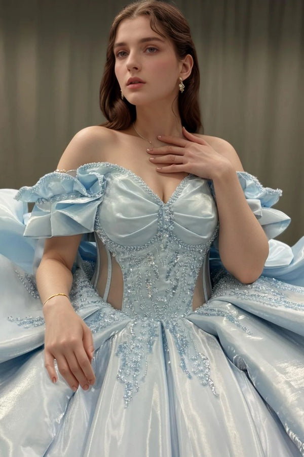 Exquisite Baby Blue Satin Quinceanera Dress Off-Shoulder Beaded Ball Gown with Sequins & Bow Detail for Sweet 16 & Birthday Parties