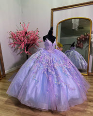 Lavender Tulle Quinceanera Dress V-Neck Lace Applique & Beaded Bow Ball Gown for Sweet 16 Birthday & Evening Parties