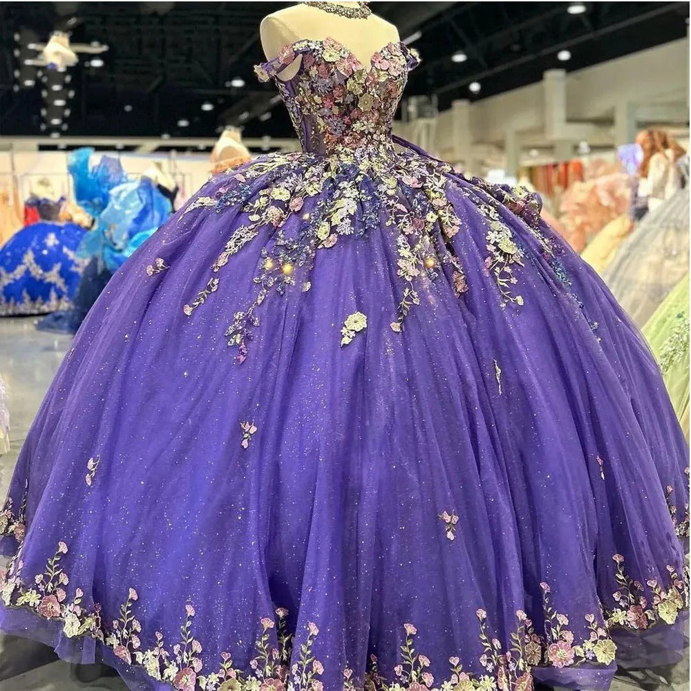 Off-Shoulder Ball Gown with 3D Floral Lace Appliques & Beaded Purple Tulle Perfect for Quinceanera Sweet 16 or Birthday Princess